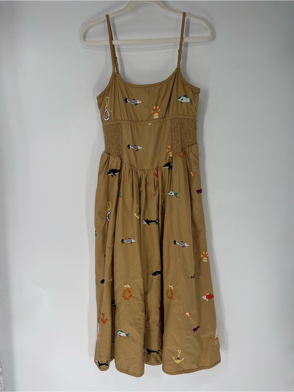 Maeve Khaki Embroidered Nautical-Print Spaghetti-Strap Sweetheart Midi Dress M